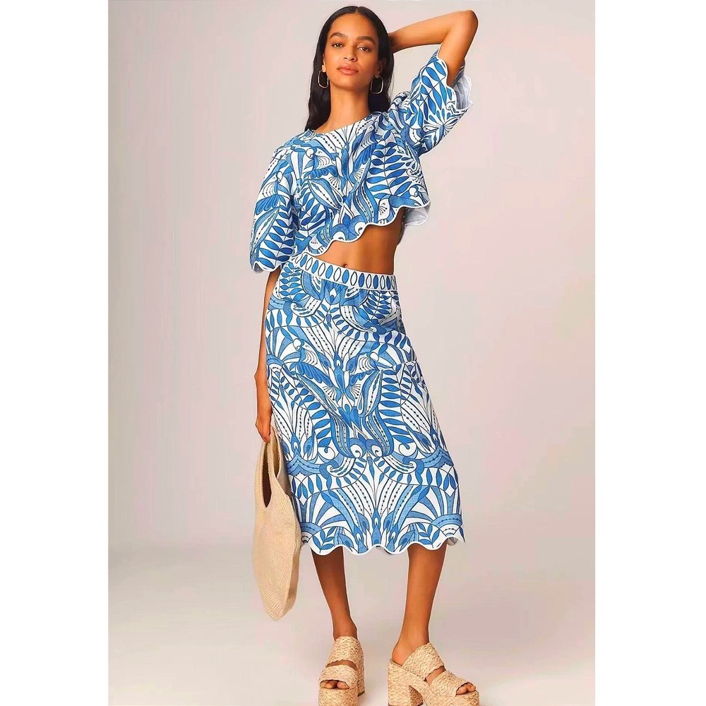 Farm Rio Lace Nature Blouse Blue Scalloped Linen Crop Top S NWT - Picture 15 of 16